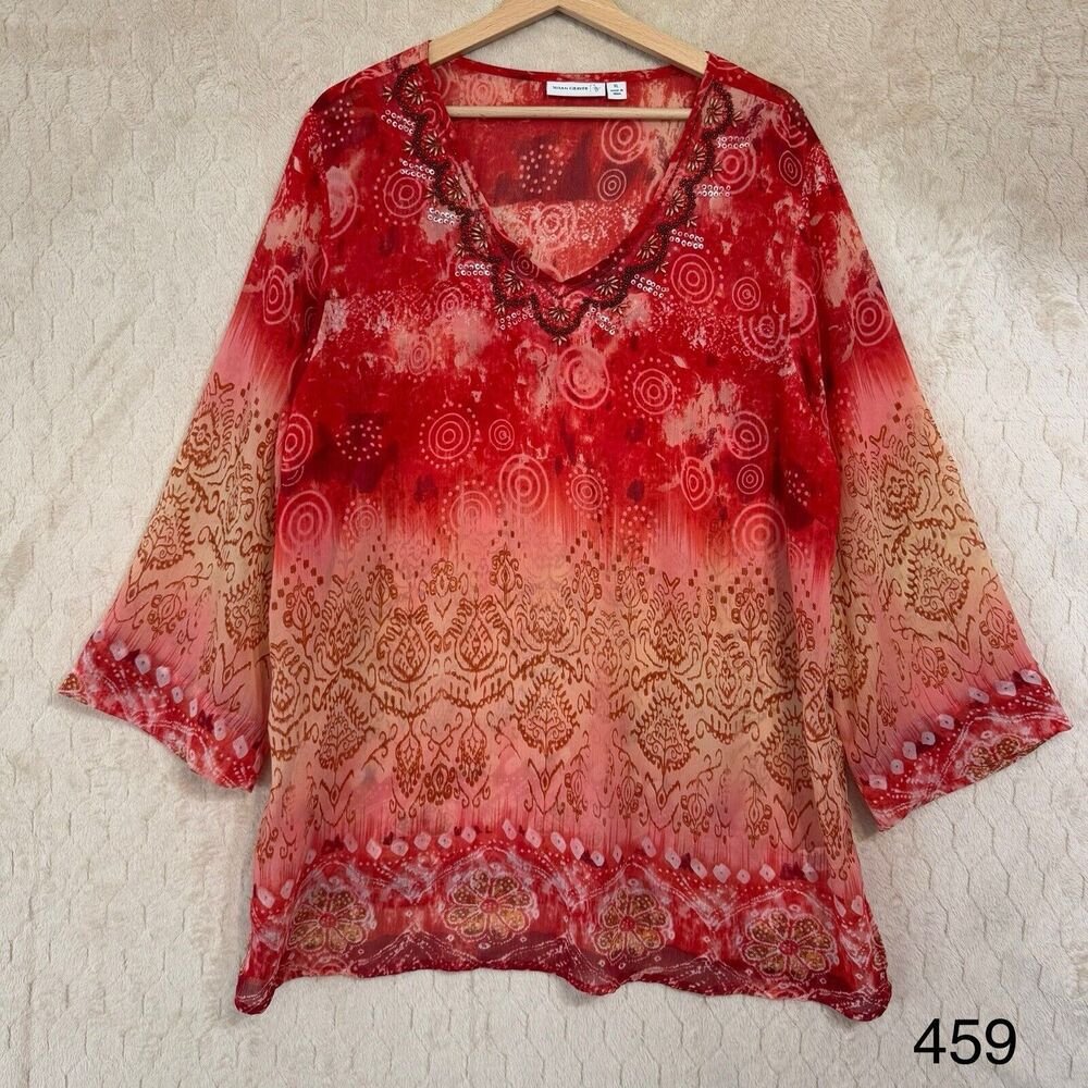 Susan Graver top womens XL red geometric print beaded sheer boho art to wear